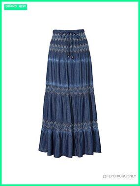 High Waist Tiered Maxi Skirt Cotton Chambray Pleated Long Skirt